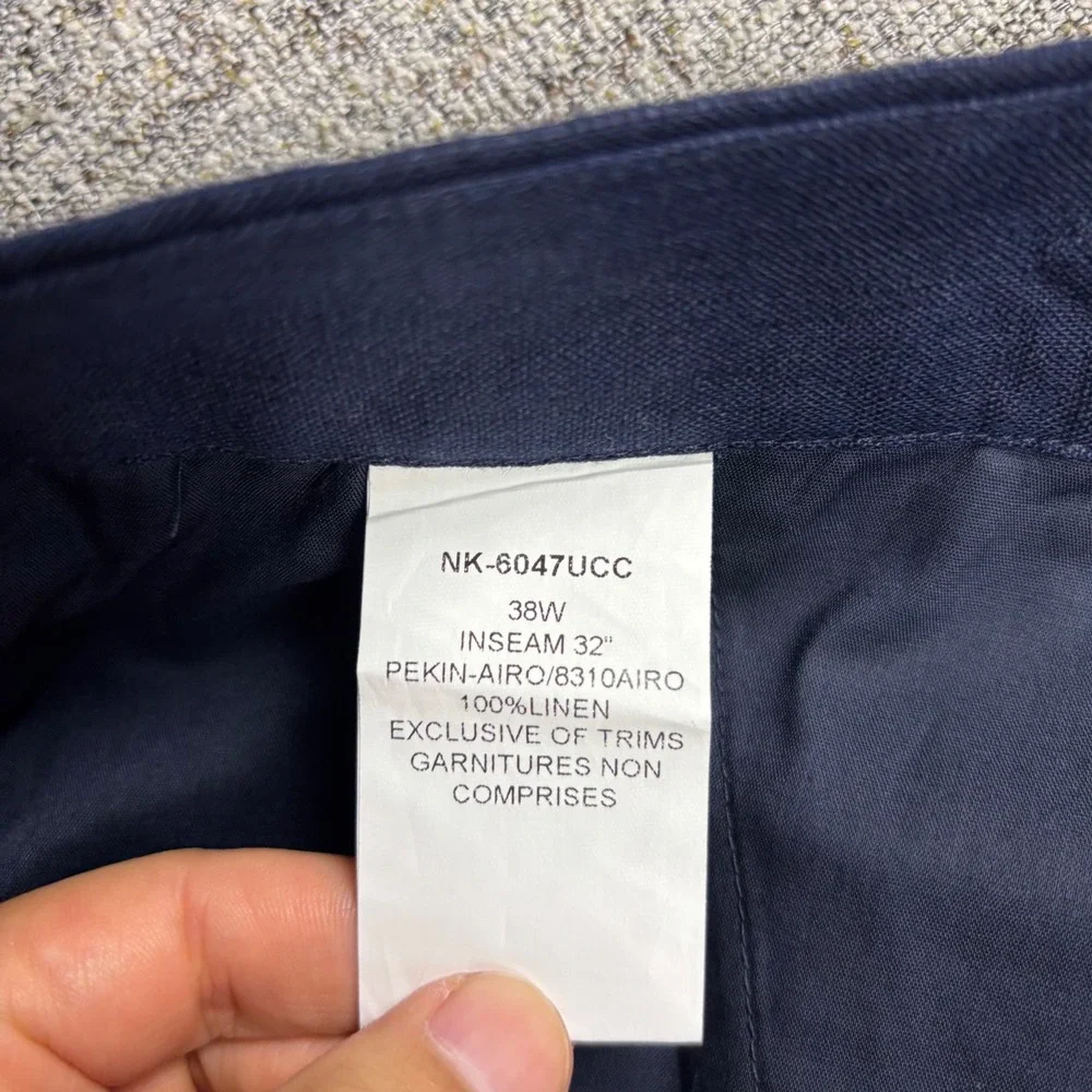 Collars & Co. Trousers Mens 38x32 Amalfi Navy Blue Linen Pleated Side Adjusters